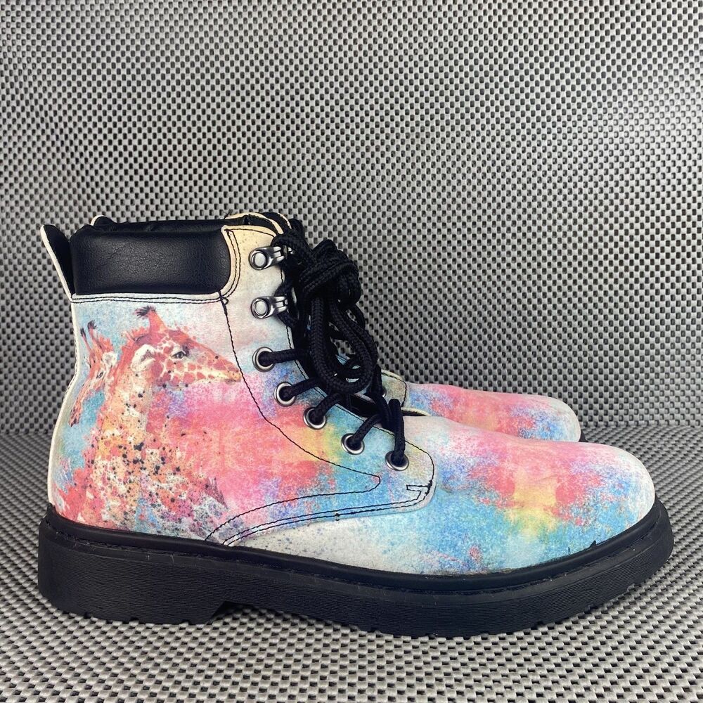 Yes We Vibe Combat Boots Mens 10.5 Women 12 Colorful tie Dye Giraffes Lace Up